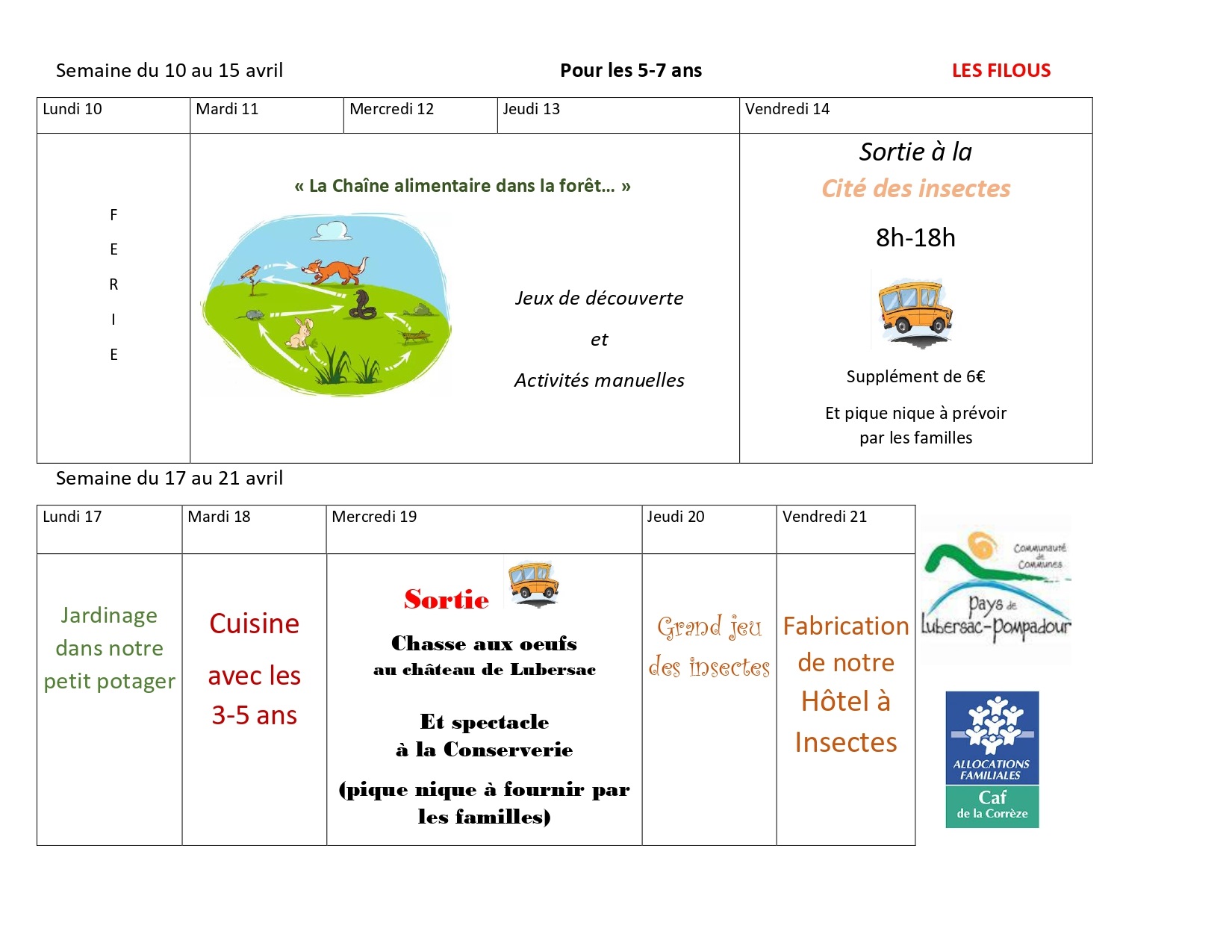 5 - 7 ans vacances avril 2023 filous