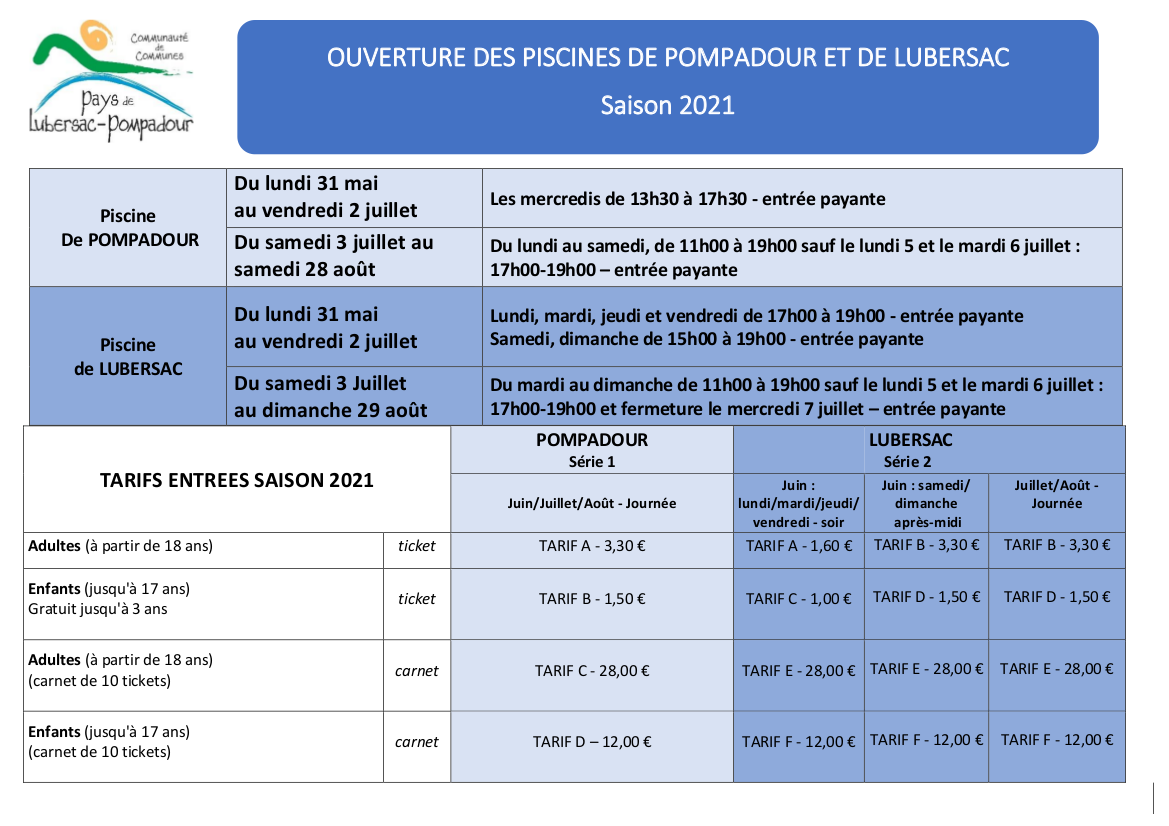 horaires et tarification piscine été 2021