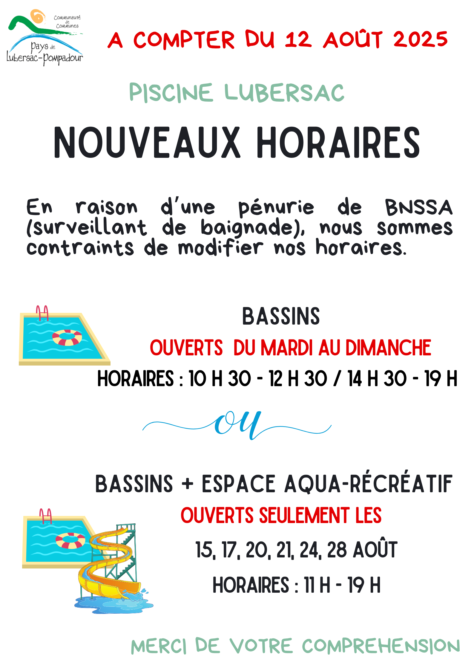 Piscine Lubersac - Modification horaires.